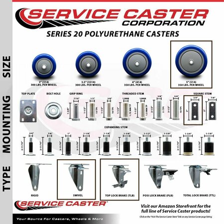 Service Caster Assure Parts 190PUBPRC4P Replacement Caster Set with Brakes, 4PK ASS-SCC-SQ20S514-PPUB-BLUE-TLB-34-4